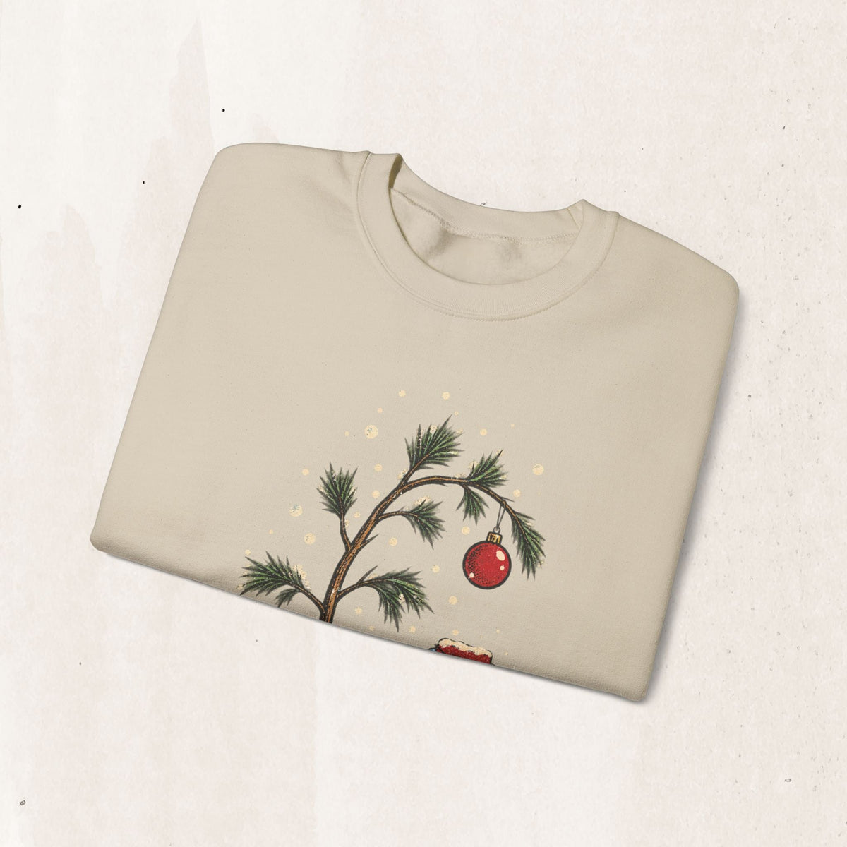 Wicked Thread Society beige crewneck sweatshirt featuring a hand-illustrated Charlie Brown style Christmas tree