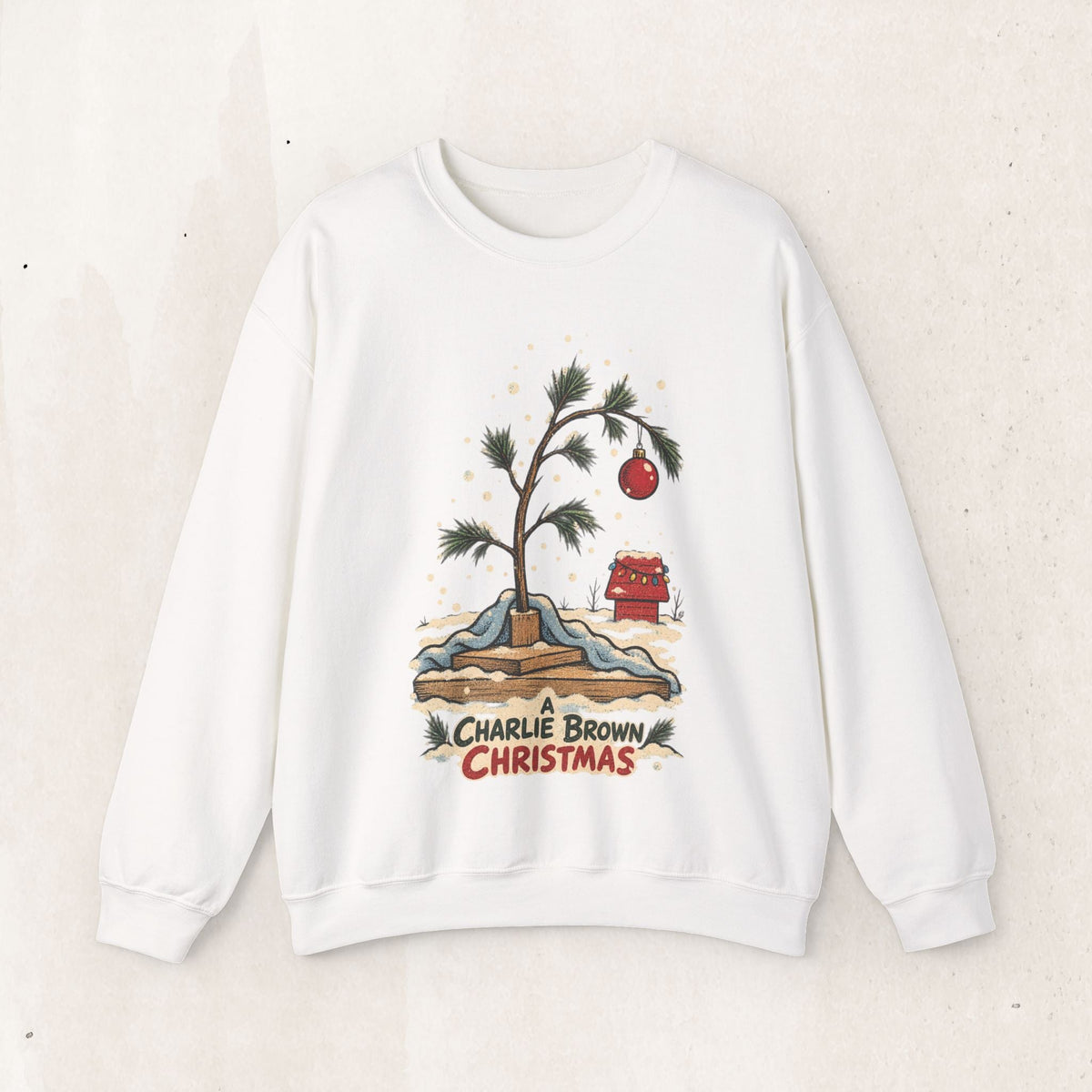 Wicked Thread Society white crewneck sweatshirt featuring a hand-illustrated Charlie Brown Christmas tree graphic.