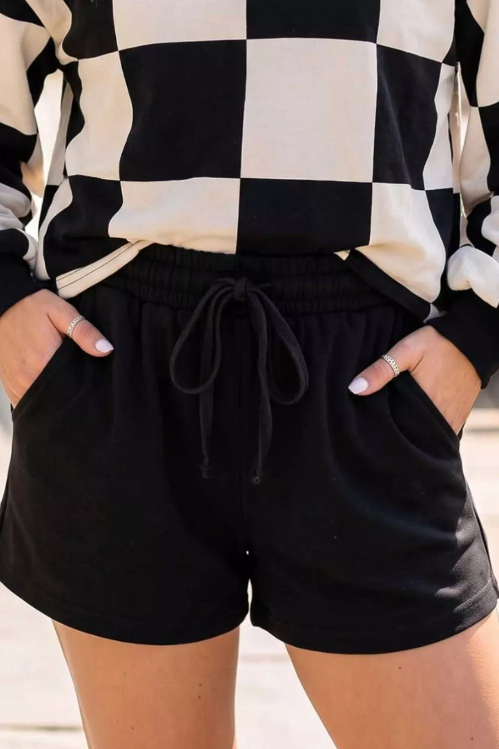 Checkerboard Print Sweatshirt and Shorts Set in Black, alternate view