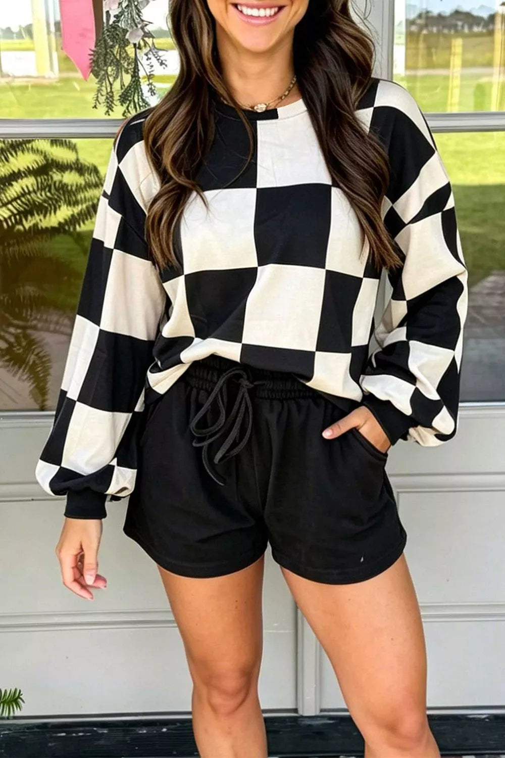 Checkerboard Print Sweatshirt and Shorts Set in Black, alternate view