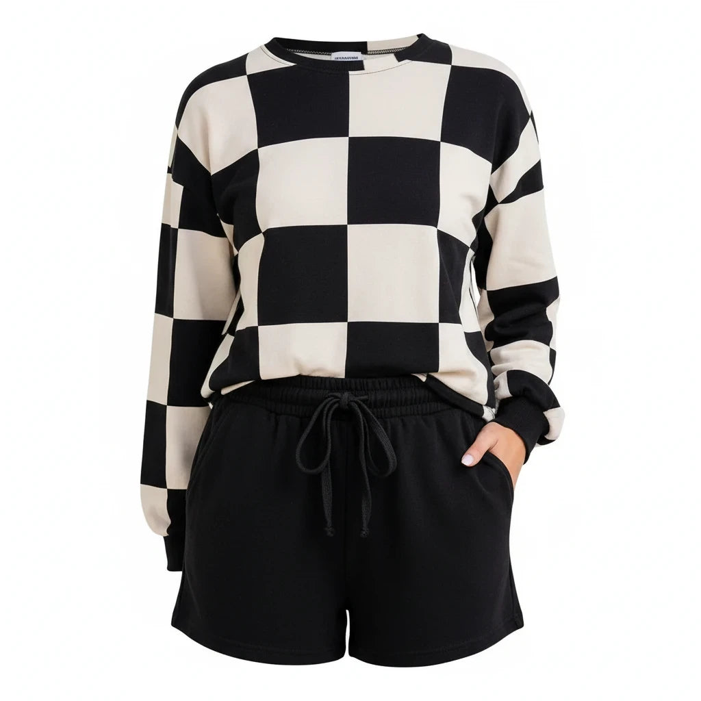 Checkerboard Print Sweatshirt and Shorts Set in Black, alternate view