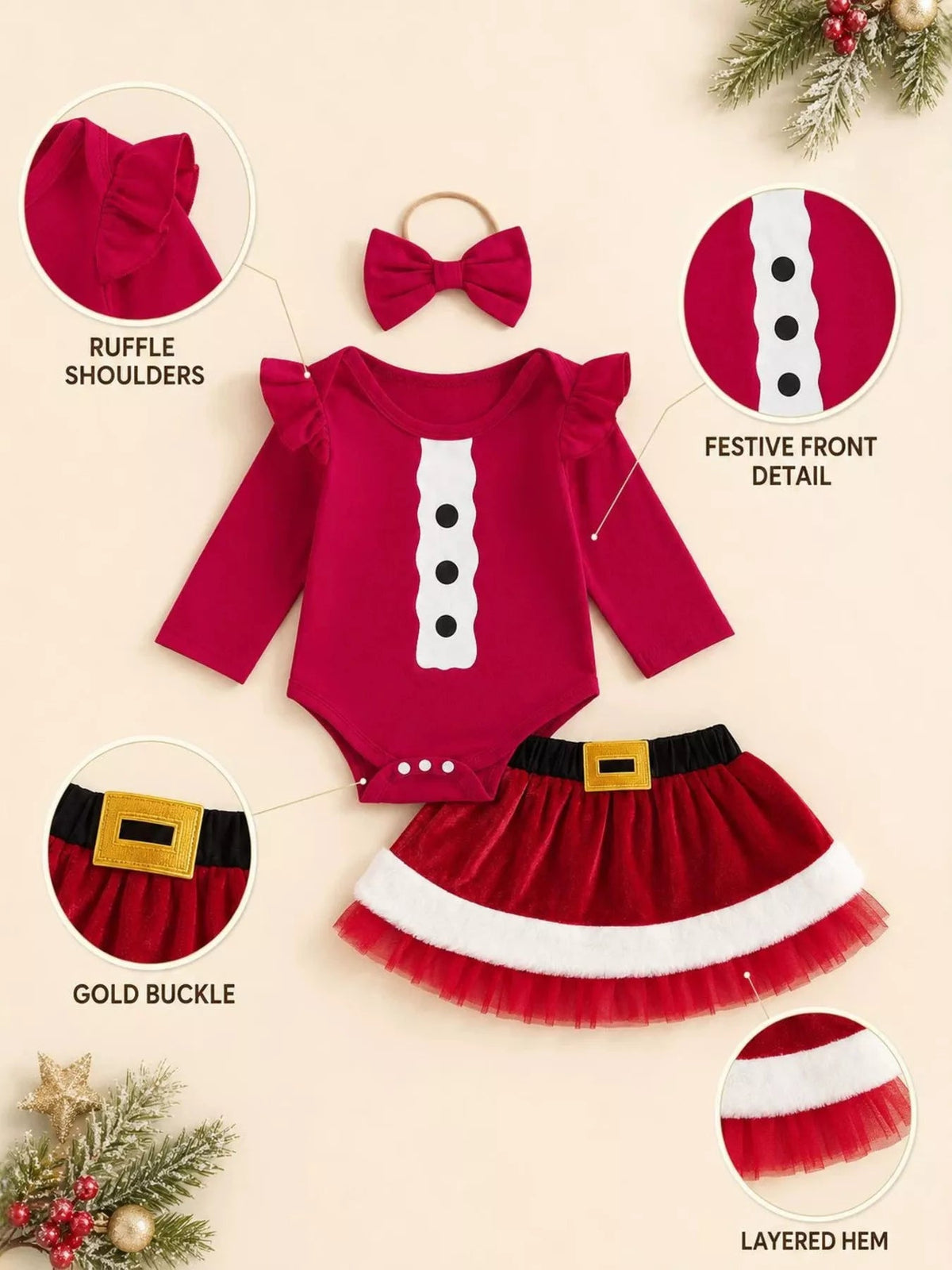 Baby Santa Bodysuit, Skirt & Bow Headband Christmas Set in Wine Red, alternate view