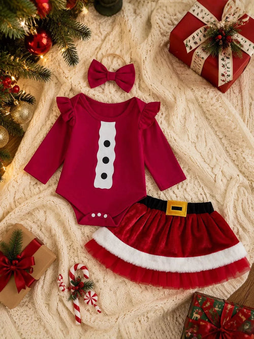 Baby Santa Bodysuit, Skirt & Bow Headband Christmas Set in Wine Red, alternate view