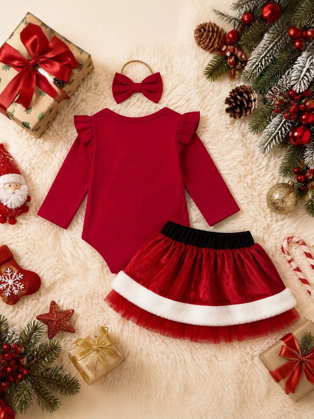 Baby Santa Bodysuit, Skirt & Bow Headband Christmas Set in Wine Red, alternate view