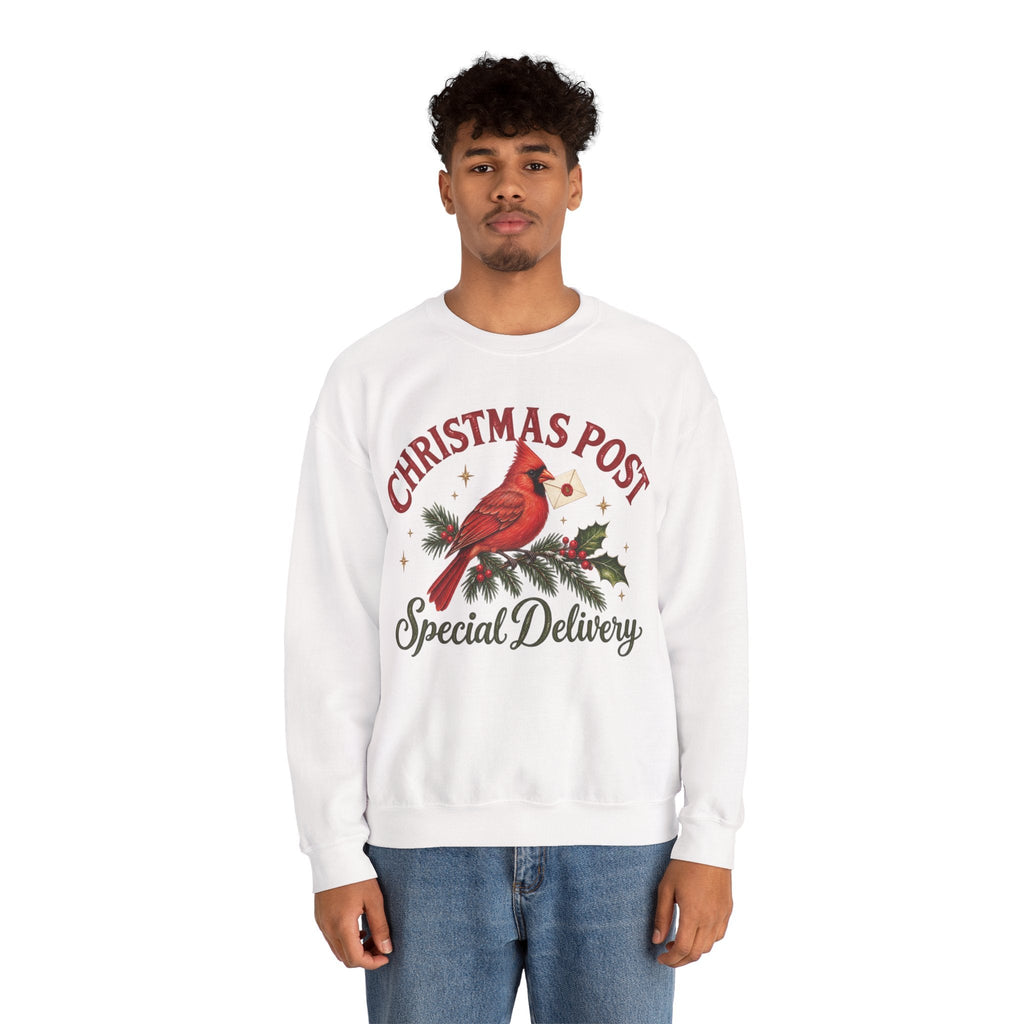 Wicked Thread Society white crewneck sweatshirt featuring a cardinal on a pine branch with Christmas Post text