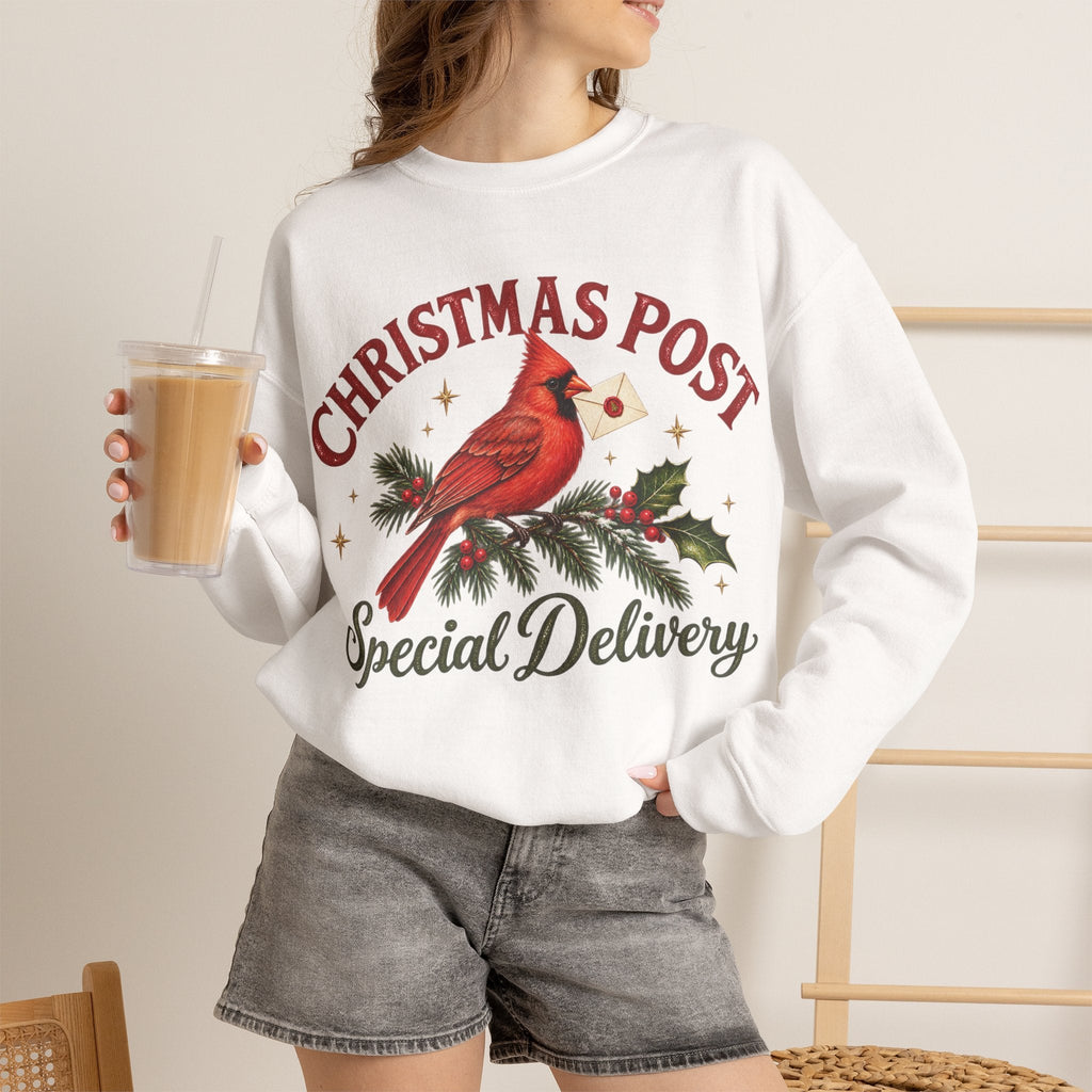 Wicked Thread Society white crewneck sweatshirt featuring a cardinal bird with a letter and Christmas Post text.
