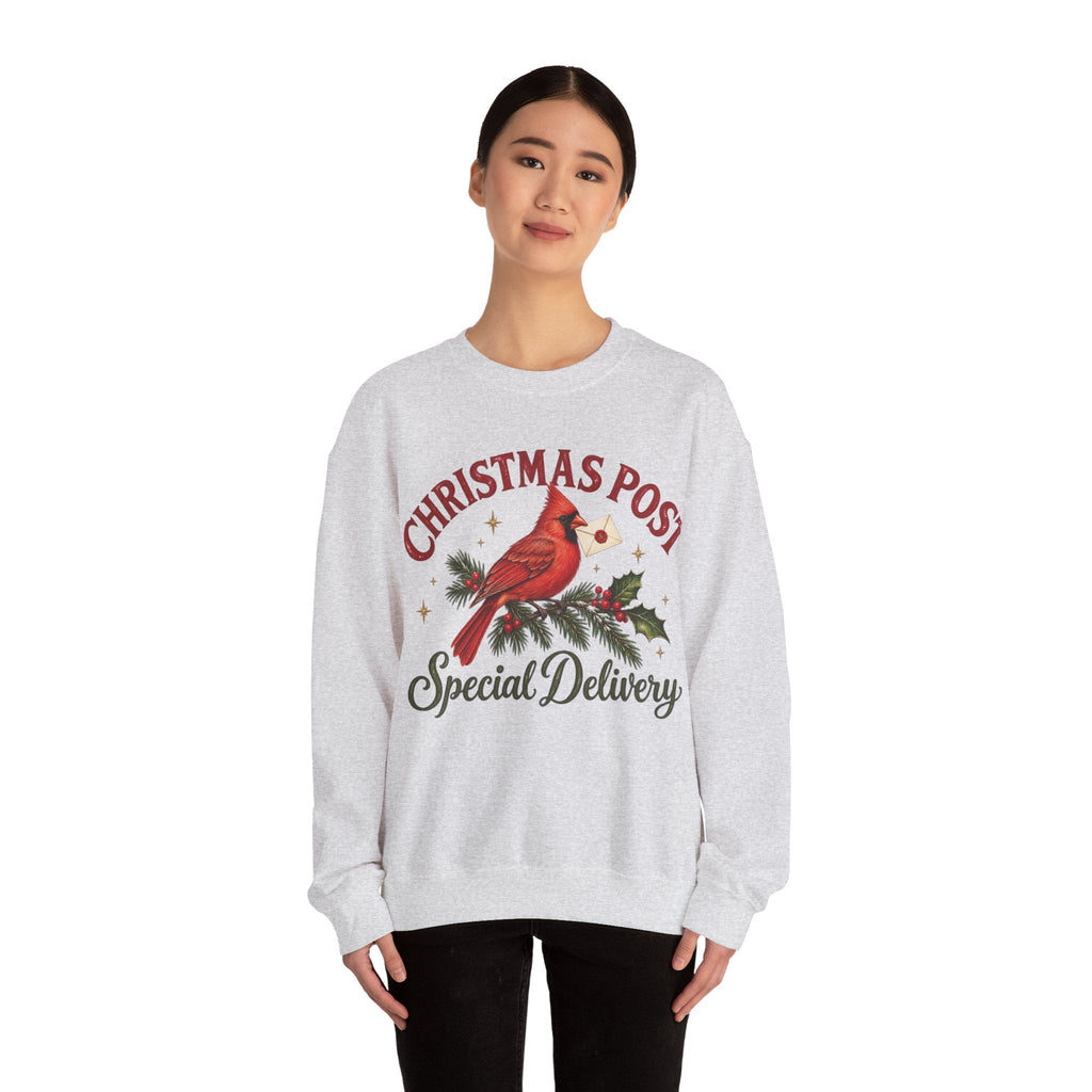 Wicked Thread Society grey crewneck sweatshirt featuring a cardinal on a pine branch with Christmas Post text