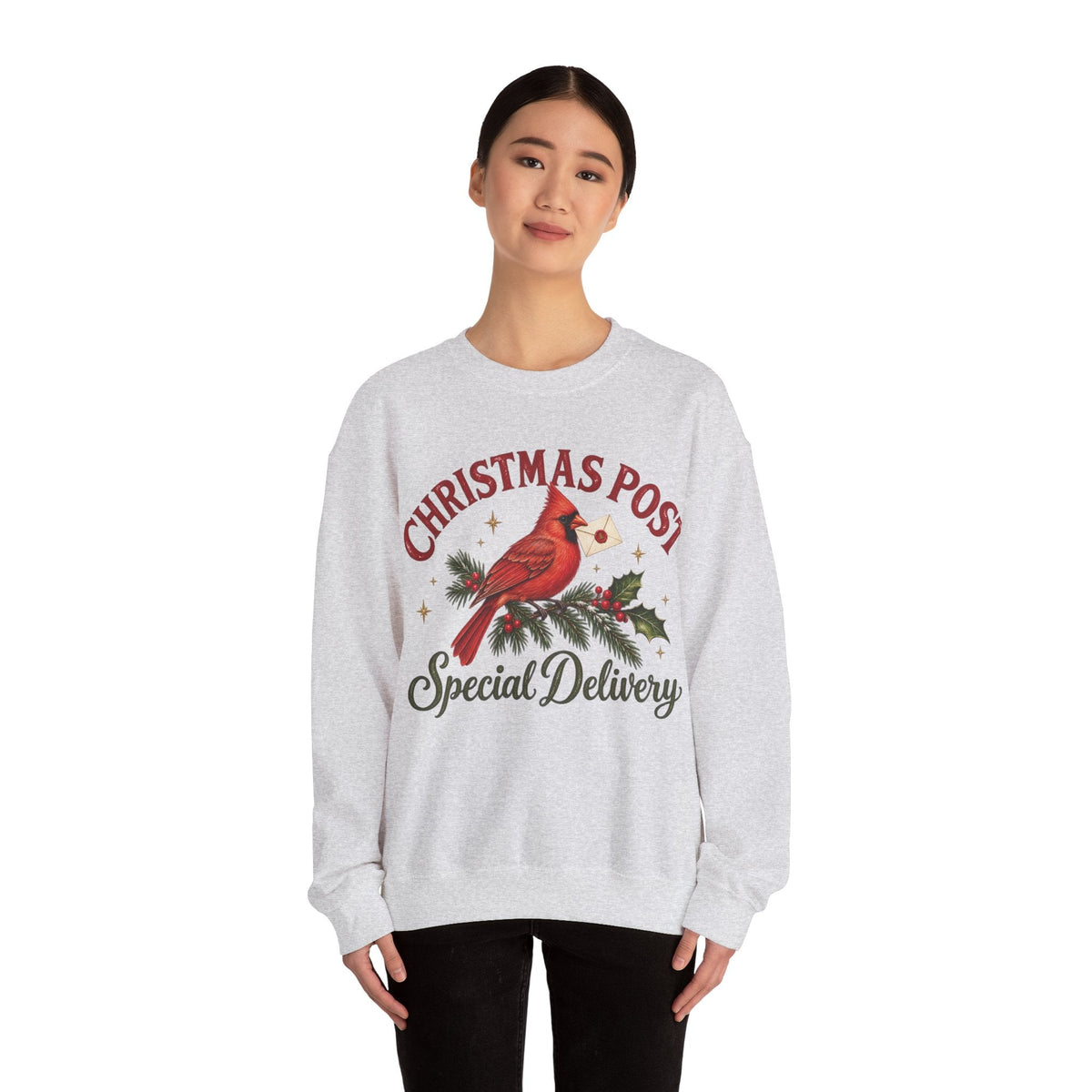 Wicked Thread Society grey crewneck sweatshirt featuring a cardinal on a pine branch with Christmas Post text