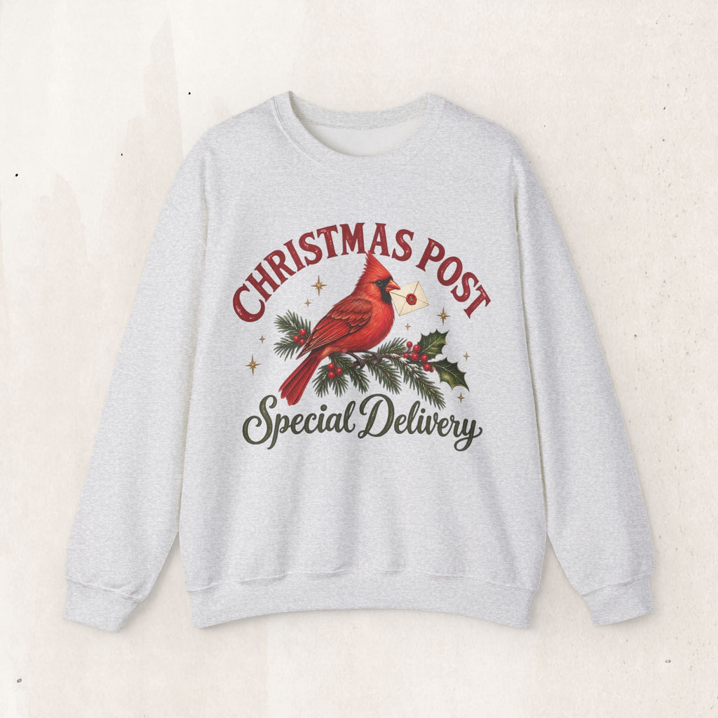 Wicked Thread Society grey crewneck sweatshirt featuring a cardinal on a pine branch with a Christmas letter graphic.