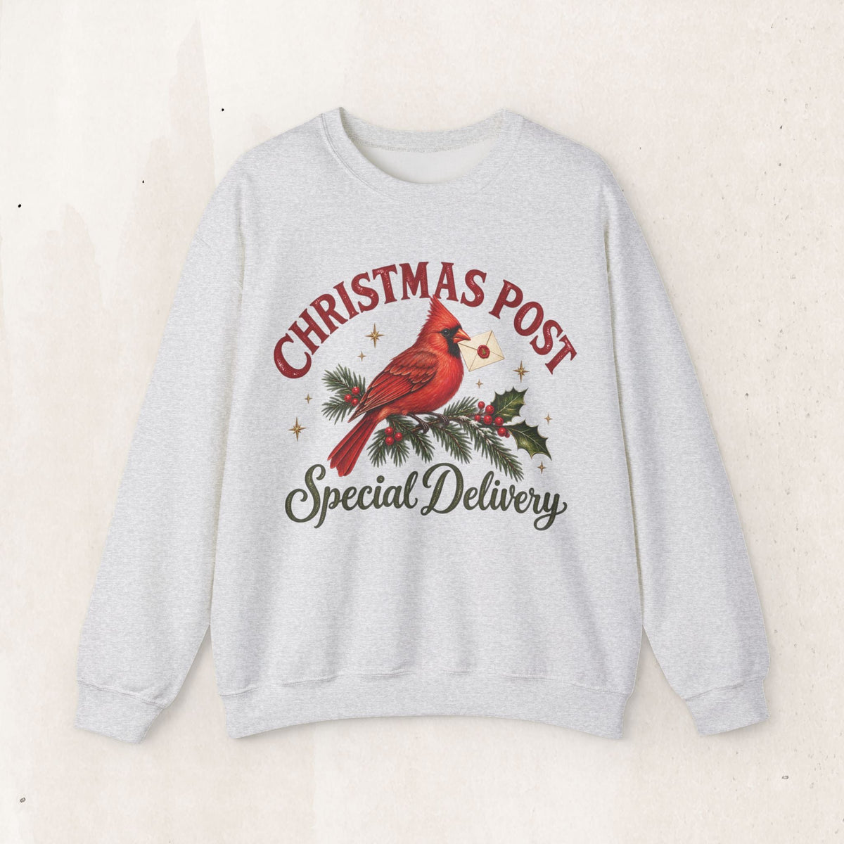 Wicked Thread Society grey crewneck sweatshirt featuring a cardinal on a pine branch with a Christmas letter graphic.