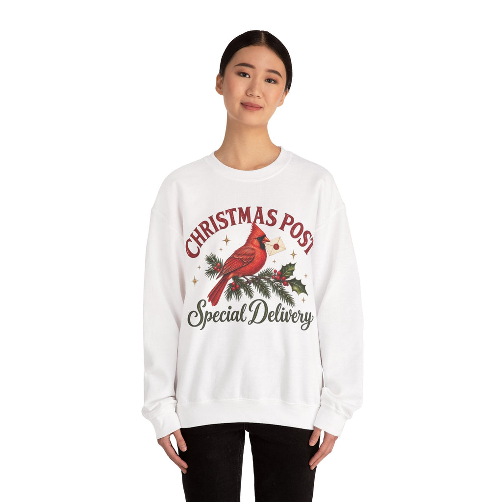 Wicked Thread Society white crewneck sweatshirt featuring a cardinal bird with a letter and Christmas pine branch