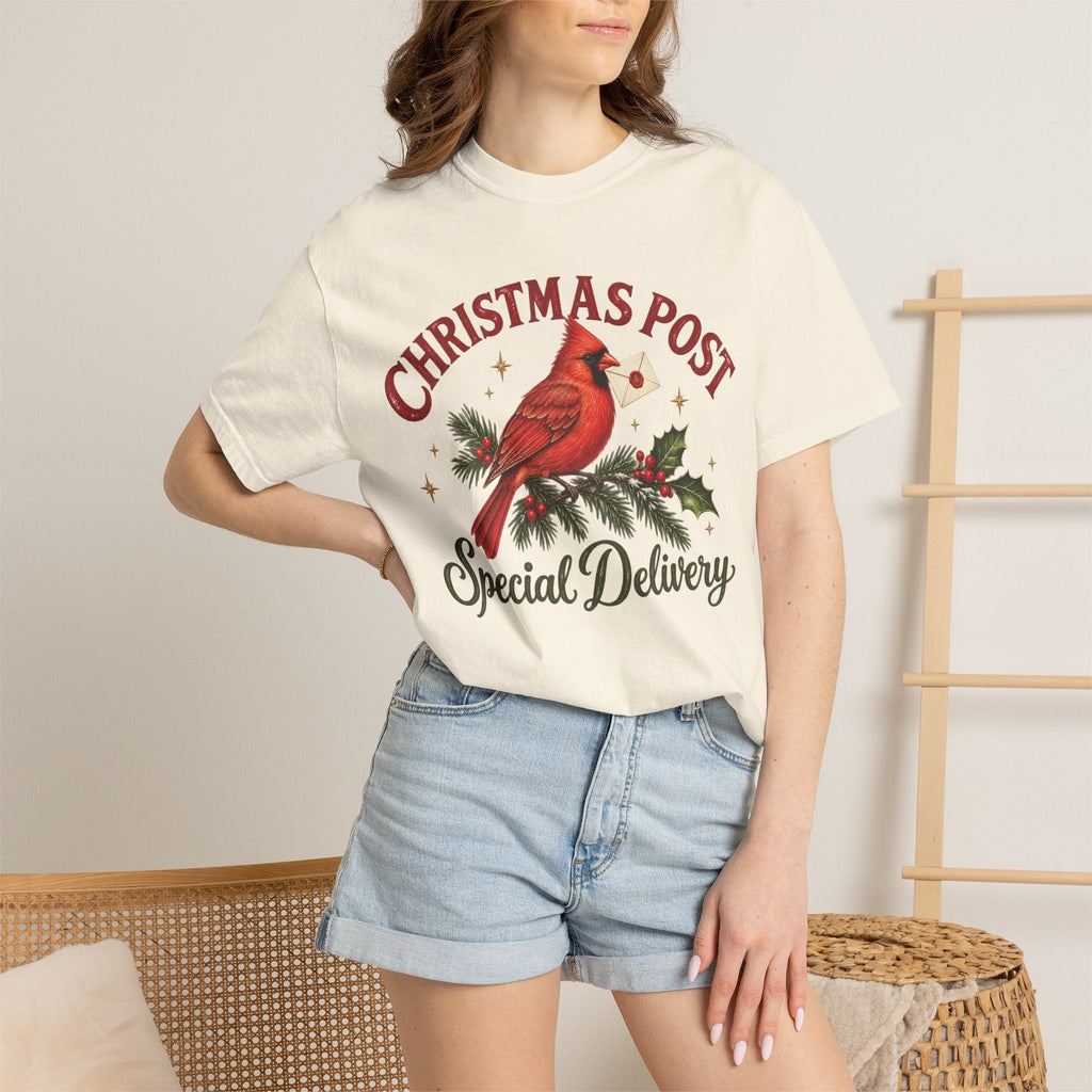 Wicked Thread Society cream graphic t-shirt featuring a red cardinal on a pine branch with Christmas Post text.