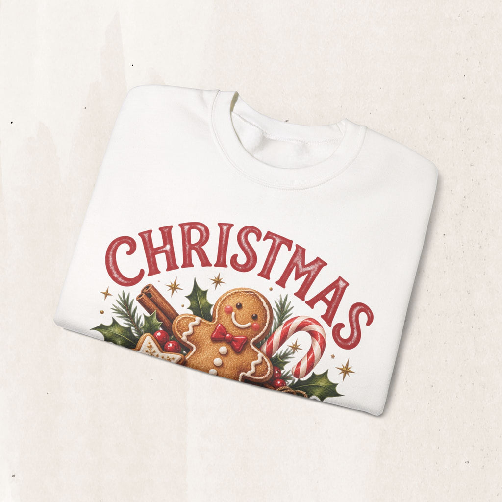Wicked Thread Society white crewneck sweatshirt featuring a gingerbread man, candy cane, and Christmas graphic.
