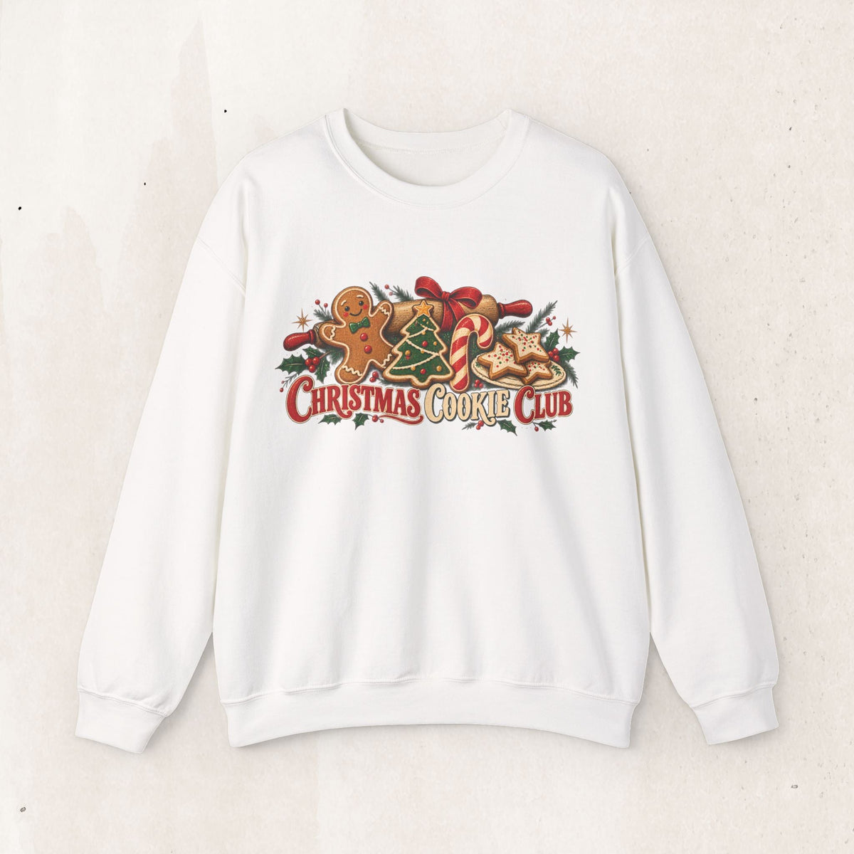 Wicked Thread Society white crewneck sweatshirt featuring a festive Christmas Cookie Club graphic with gingerbread