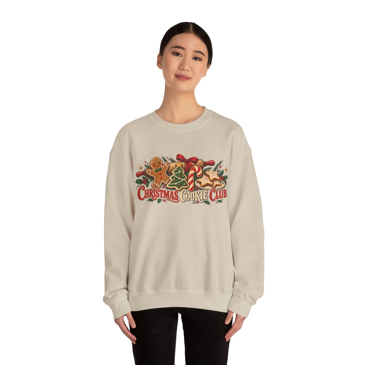 Wicked Thread Society beige crewneck sweatshirt featuring a festive Christmas Cookie Club graphic with gingerbread