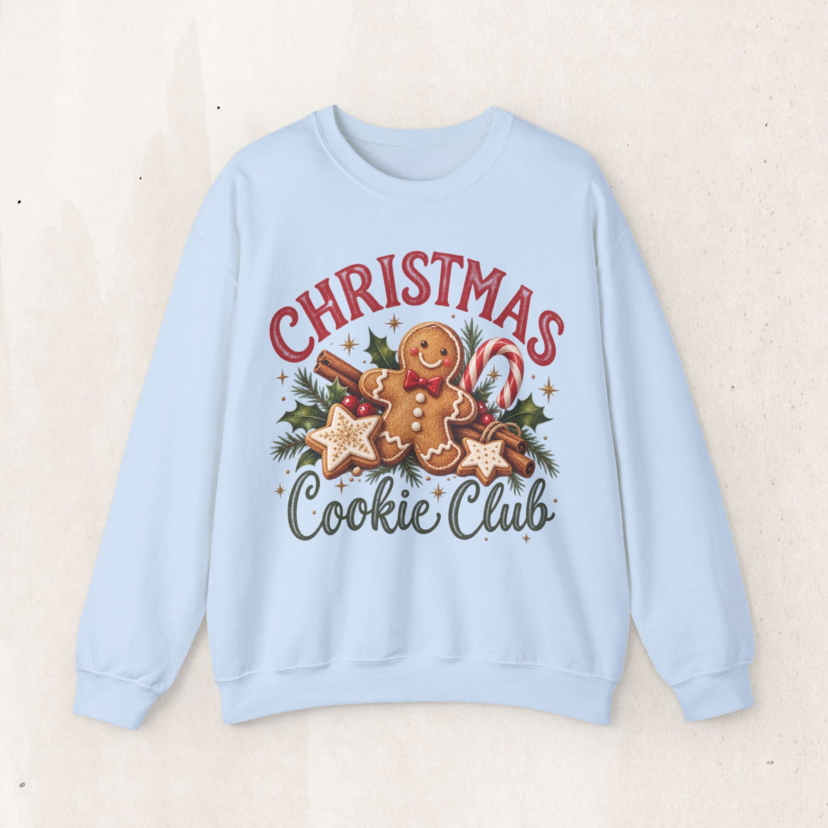 Wicked Thread Society light blue crewneck sweatshirt featuring a gingerbread man, candy cane, and holiday graphic.