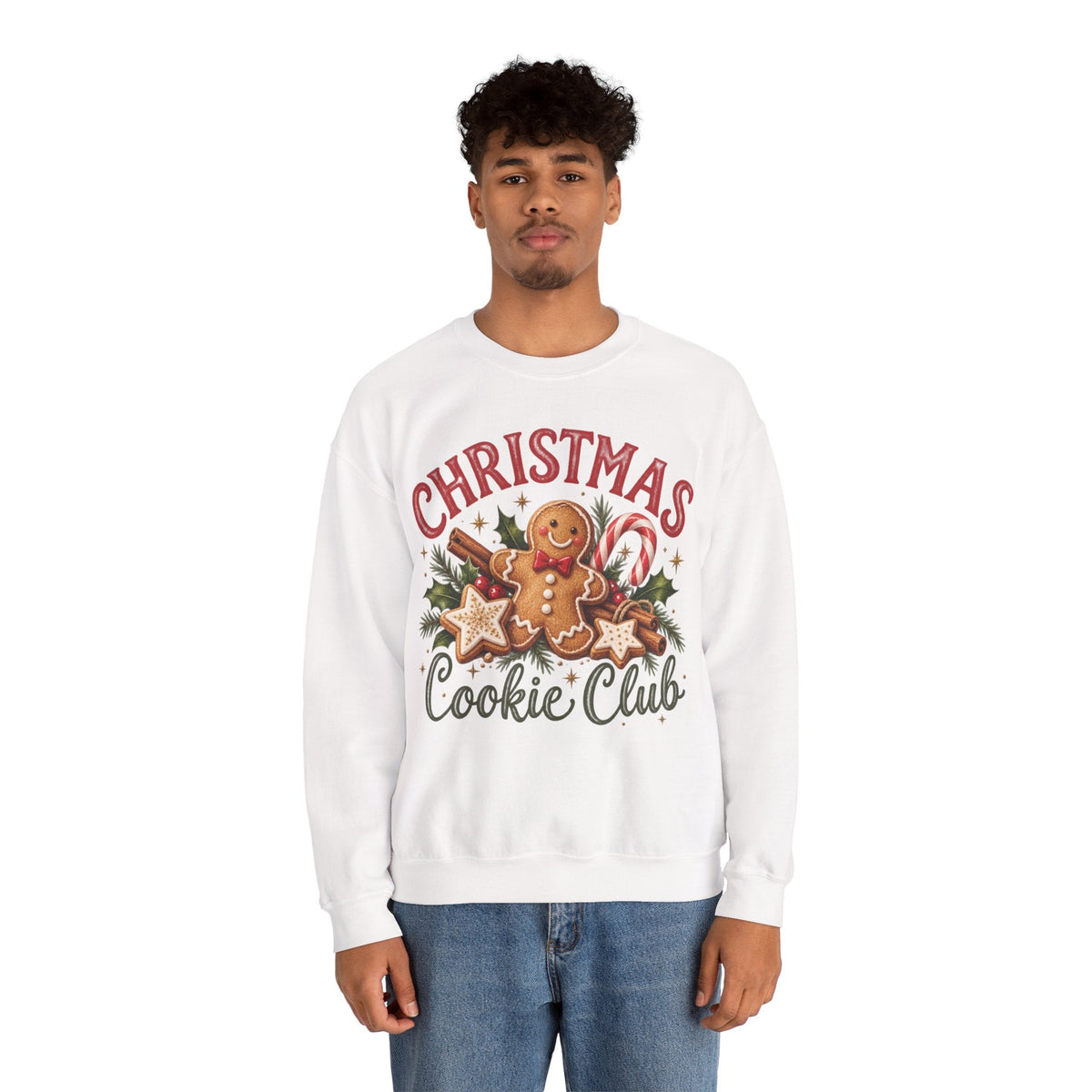 Wicked Thread Society white crewneck sweatshirt featuring a gingerbread man graphic with holiday greenery and text.