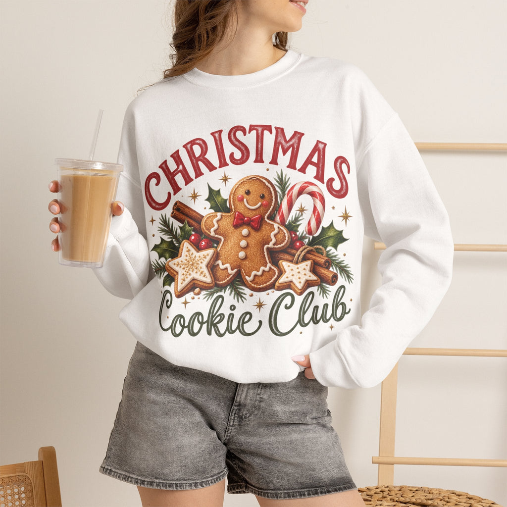 Wicked Thread Society white crewneck sweatshirt featuring a gingerbread man, candy canes, and Christmas cookie text.