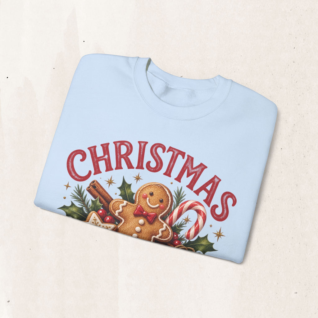 Wicked Thread Society light blue crewneck sweatshirt featuring a gingerbread man, candy cane, and Christmas graphic.