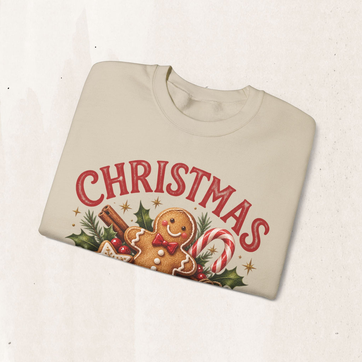 Wicked Thread Society beige crewneck sweatshirt featuring a gingerbread man, candy cane, and Christmas graphic.