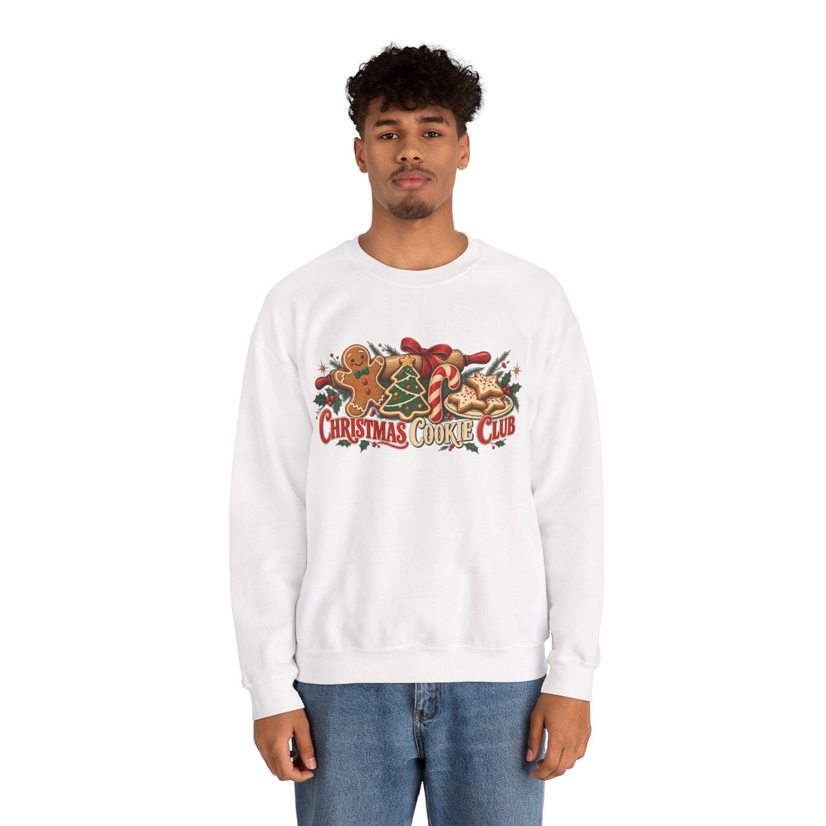 Wicked Thread Society white crewneck sweatshirt featuring a Christmas Cookie Club graphic with gingerbread and candy