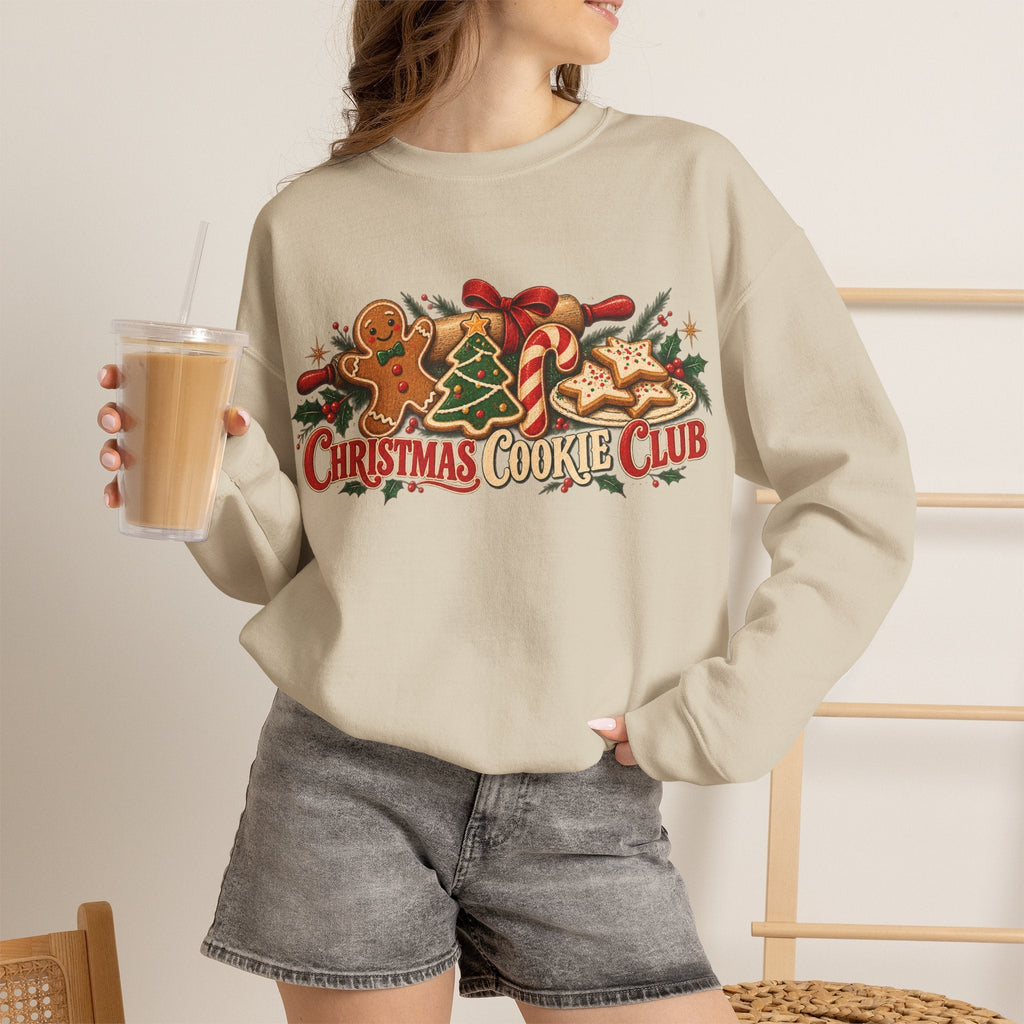 Wicked Thread Society beige crewneck sweatshirt with Christmas Cookie Club graphic of gingerbread and candy canes.