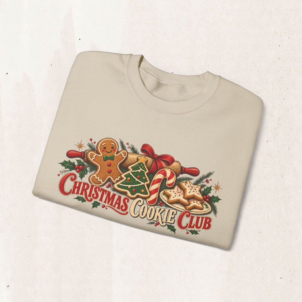Wicked Thread Society beige crewneck sweatshirt with festive Christmas Cookie Club gingerbread and tree graphic print