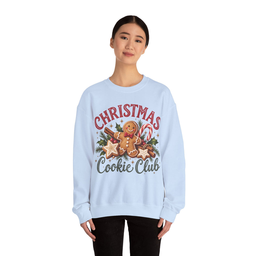 Wicked Thread Society white crewneck sweatshirt featuring a festive gingerbread man and Christmas cookie graphic.