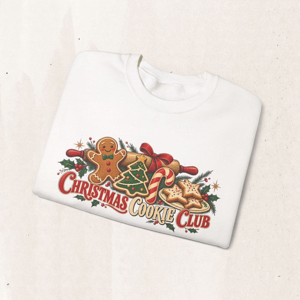 Wicked Thread Society white crewneck sweatshirt with a festive Christmas Cookie Club gingerbread graphic print.