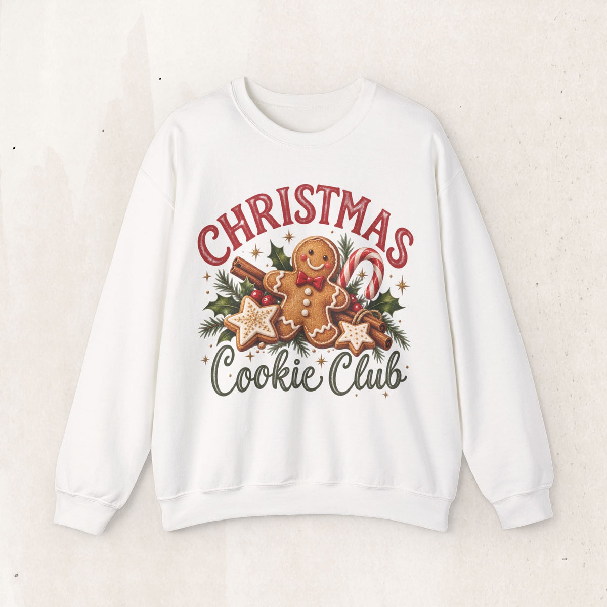 Wicked Thread Society white crewneck sweatshirt featuring a festive gingerbread man and Christmas cookie graphic.