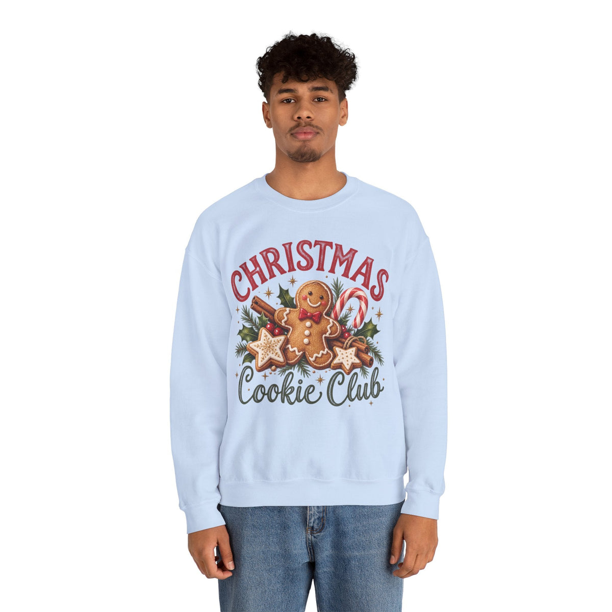 Wicked Thread Society light blue crewneck sweatshirt featuring a gingerbread man, candy canes, and holiday graphic.