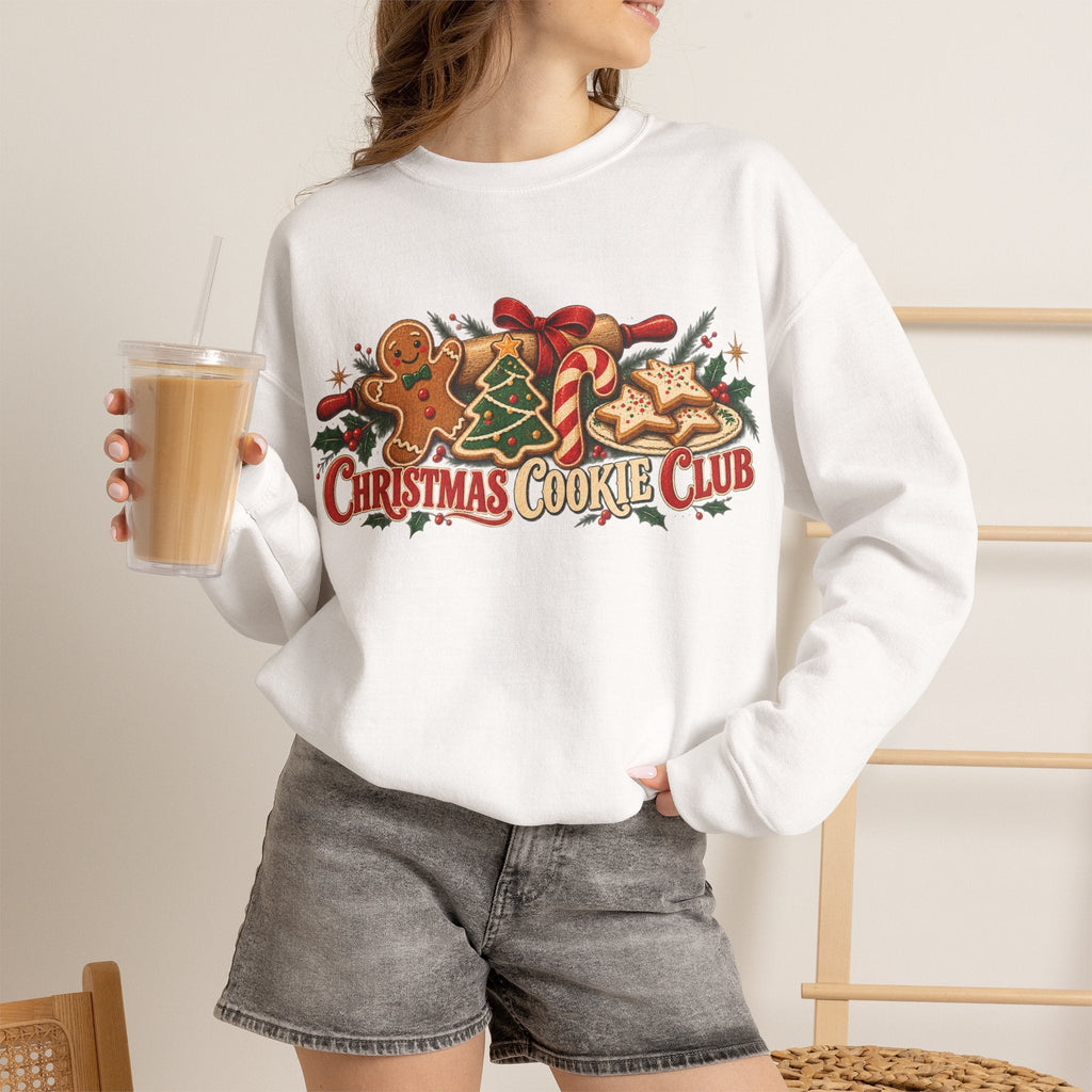 Wicked Thread Society white crewneck sweatshirt featuring a festive Christmas cookie graphic with gingerbread men.