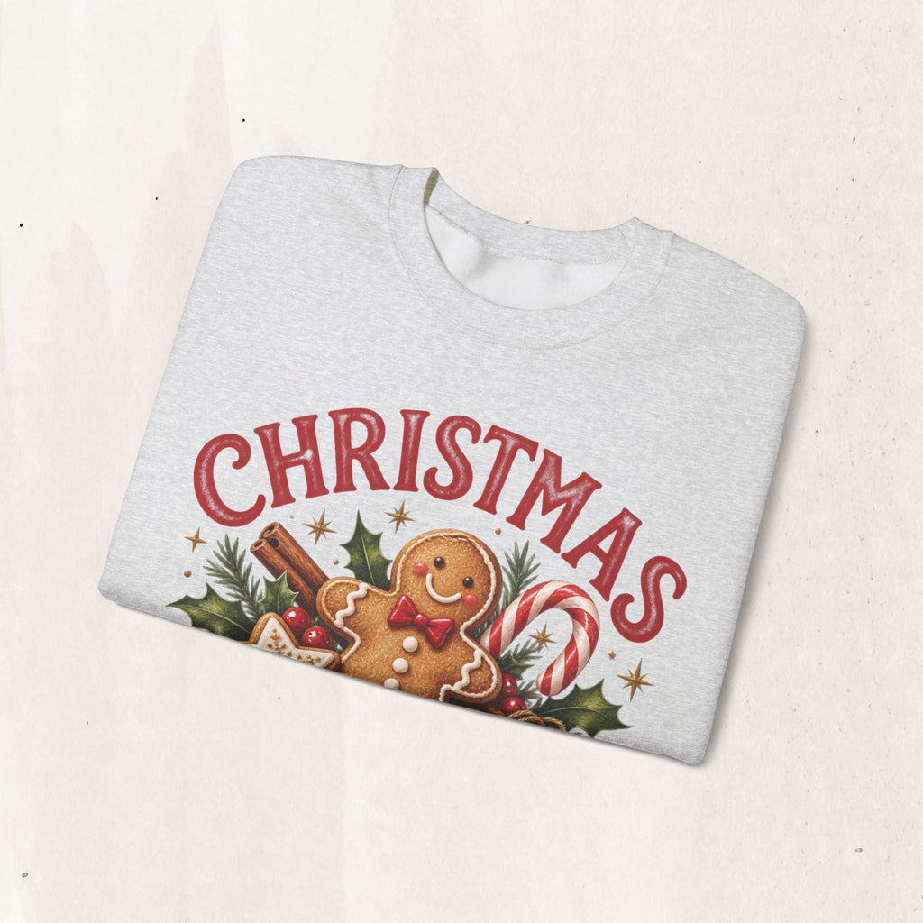 Wicked Thread Society grey crewneck sweatshirt featuring a gingerbread man, candy cane, and Christmas graphic.