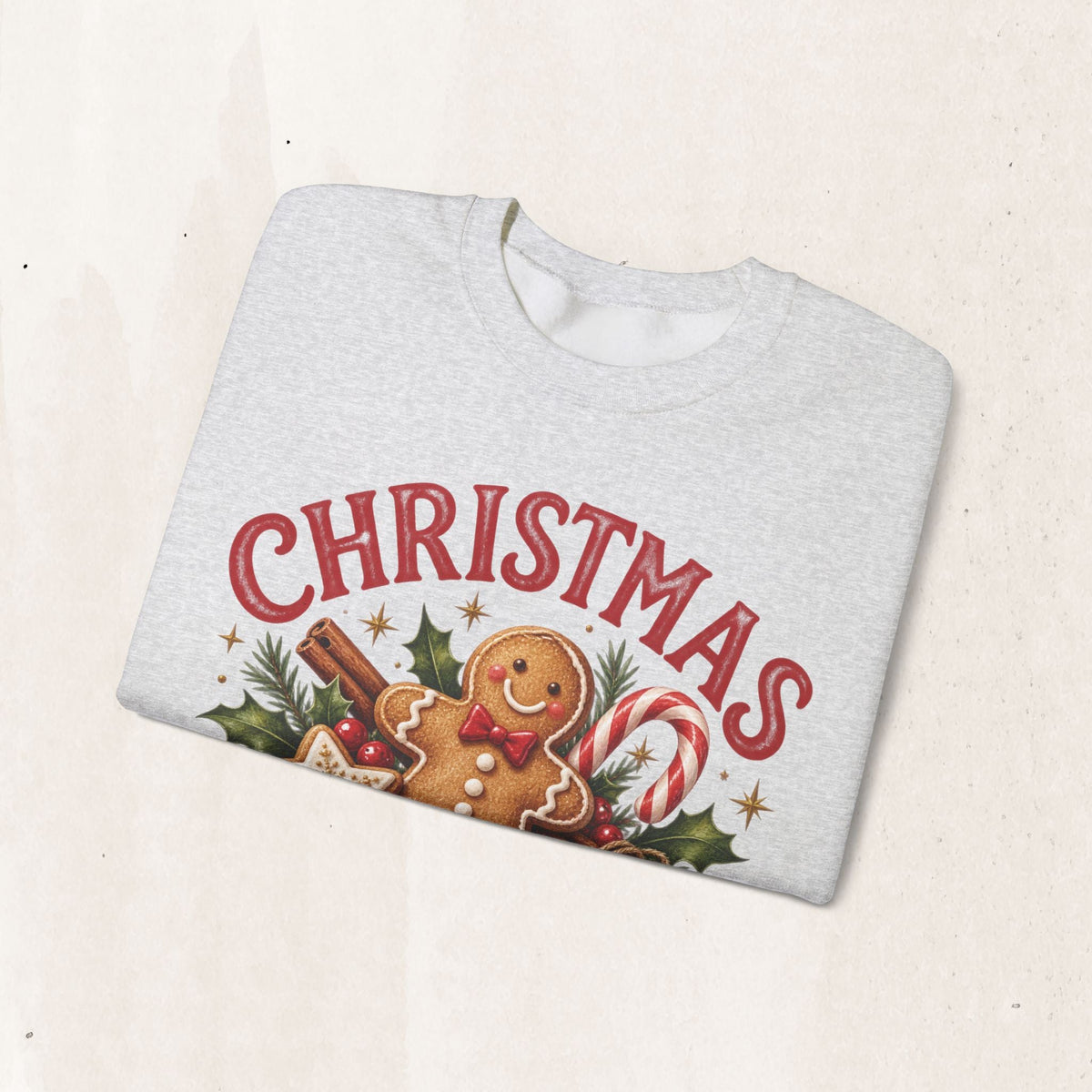 Wicked Thread Society grey crewneck sweatshirt featuring a gingerbread man, candy cane, and Christmas graphic.