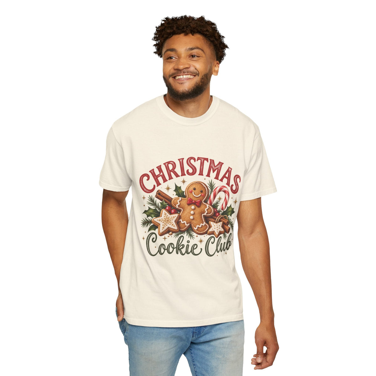 Wicked Thread Society cream heavyweight cotton t-shirt featuring a festive gingerbread Christmas Cookie Club graphic
