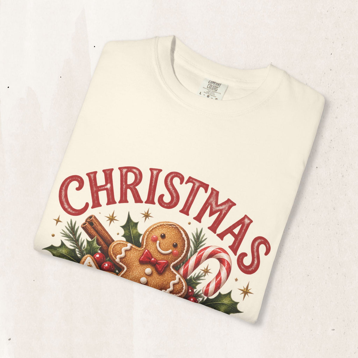 Wicked Thread Society cream garment-dyed heavyweight cotton t-shirt featuring a festive gingerbread cookie graphic.