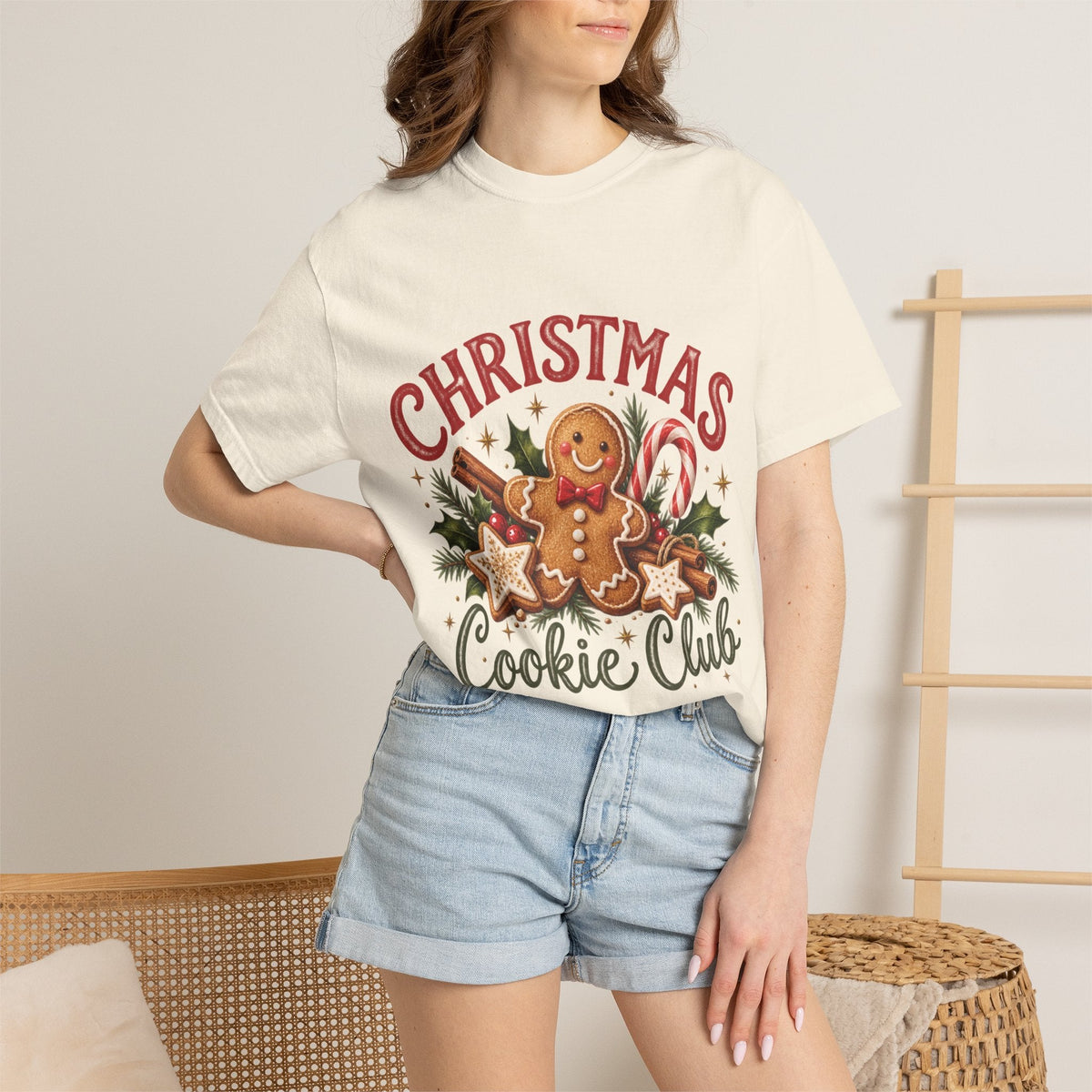 Wicked Thread Society cream garment-dyed t-shirt featuring a festive gingerbread man and Christmas cookie graphic.