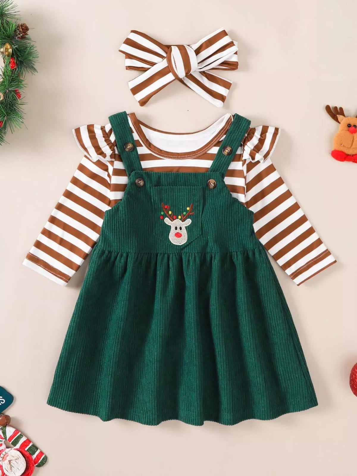 Kids Christmas Bodysuit, Overall Dress & Headband Set – Brown