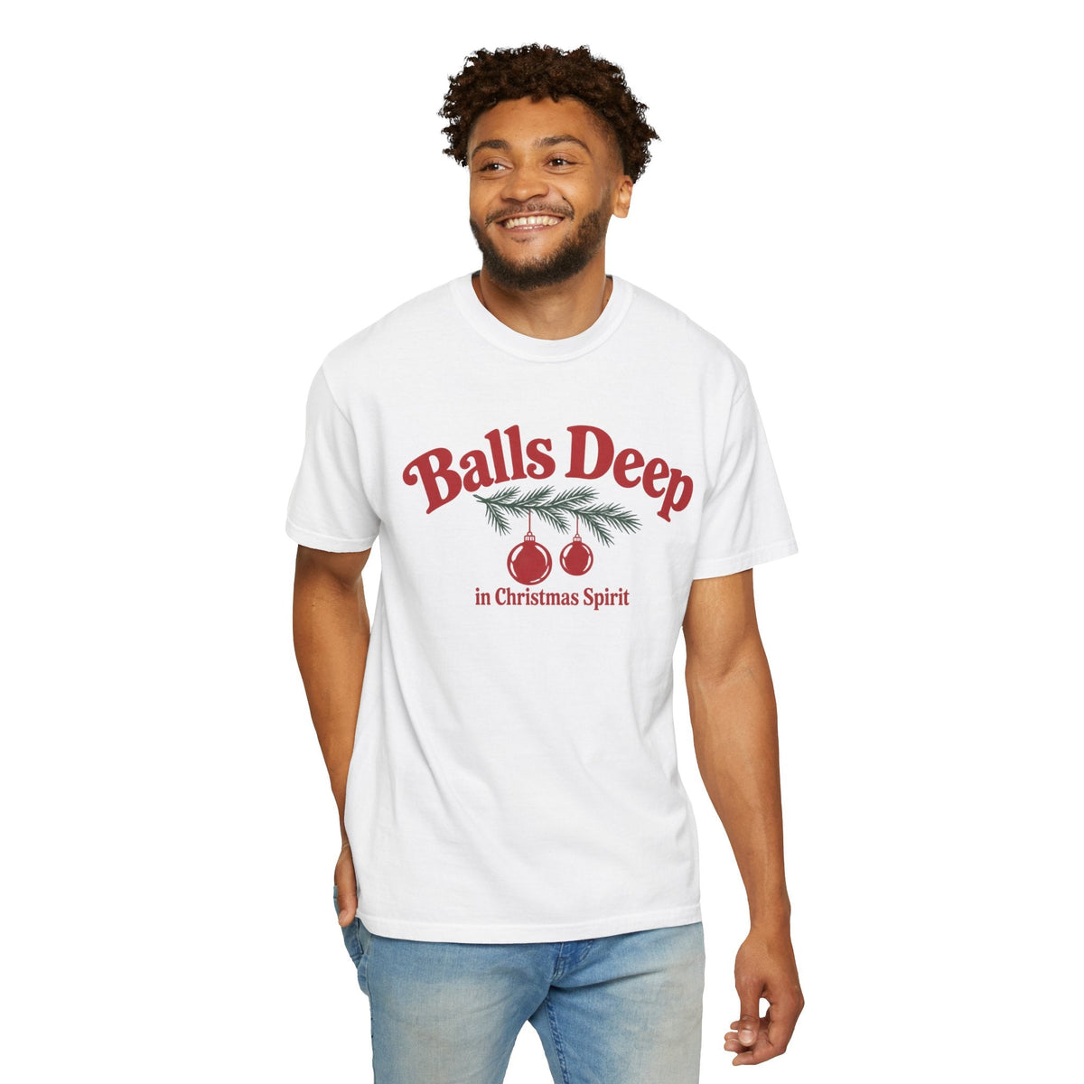 Wicked Thread Society white unisex graphic tee with retro red Christmas ornament design and humorous holiday text.
