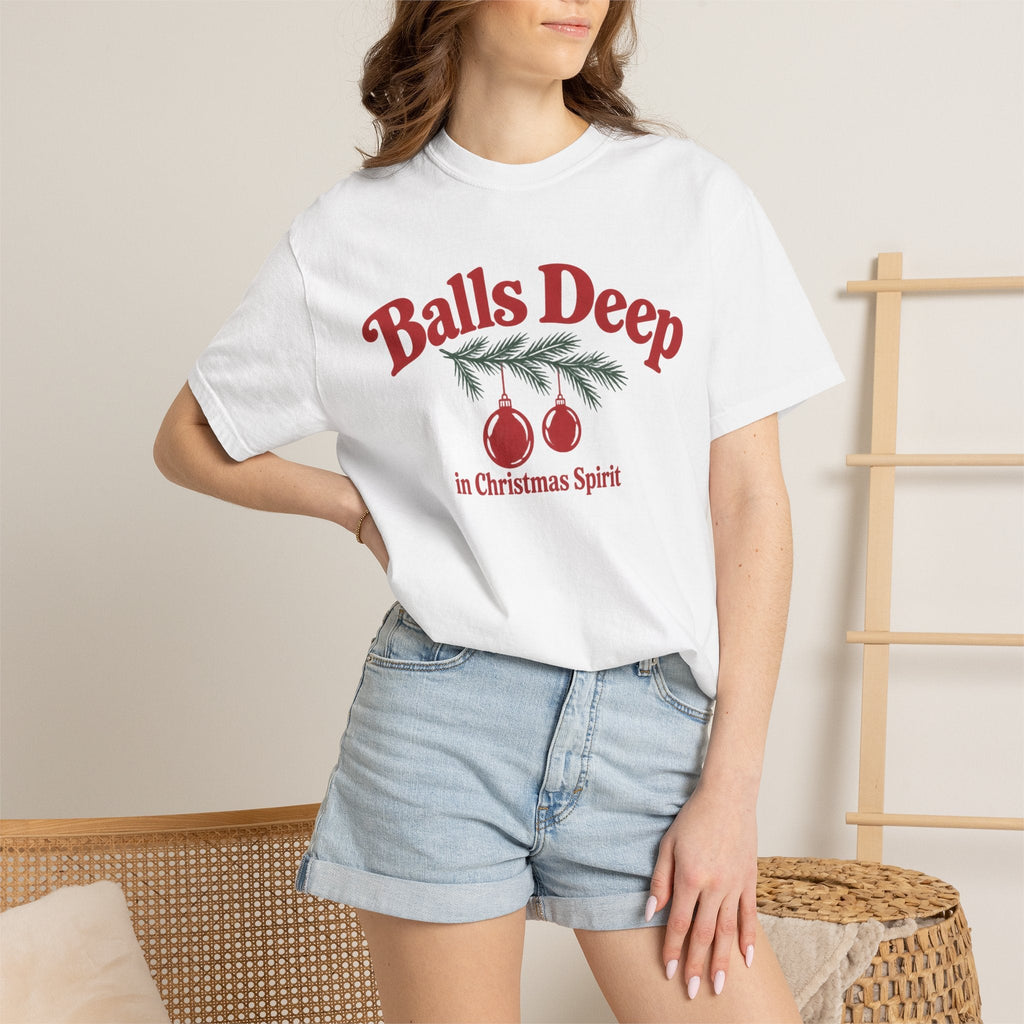 Wicked Thread Society white unisex graphic t-shirt with red Christmas ornaments and festive holiday text