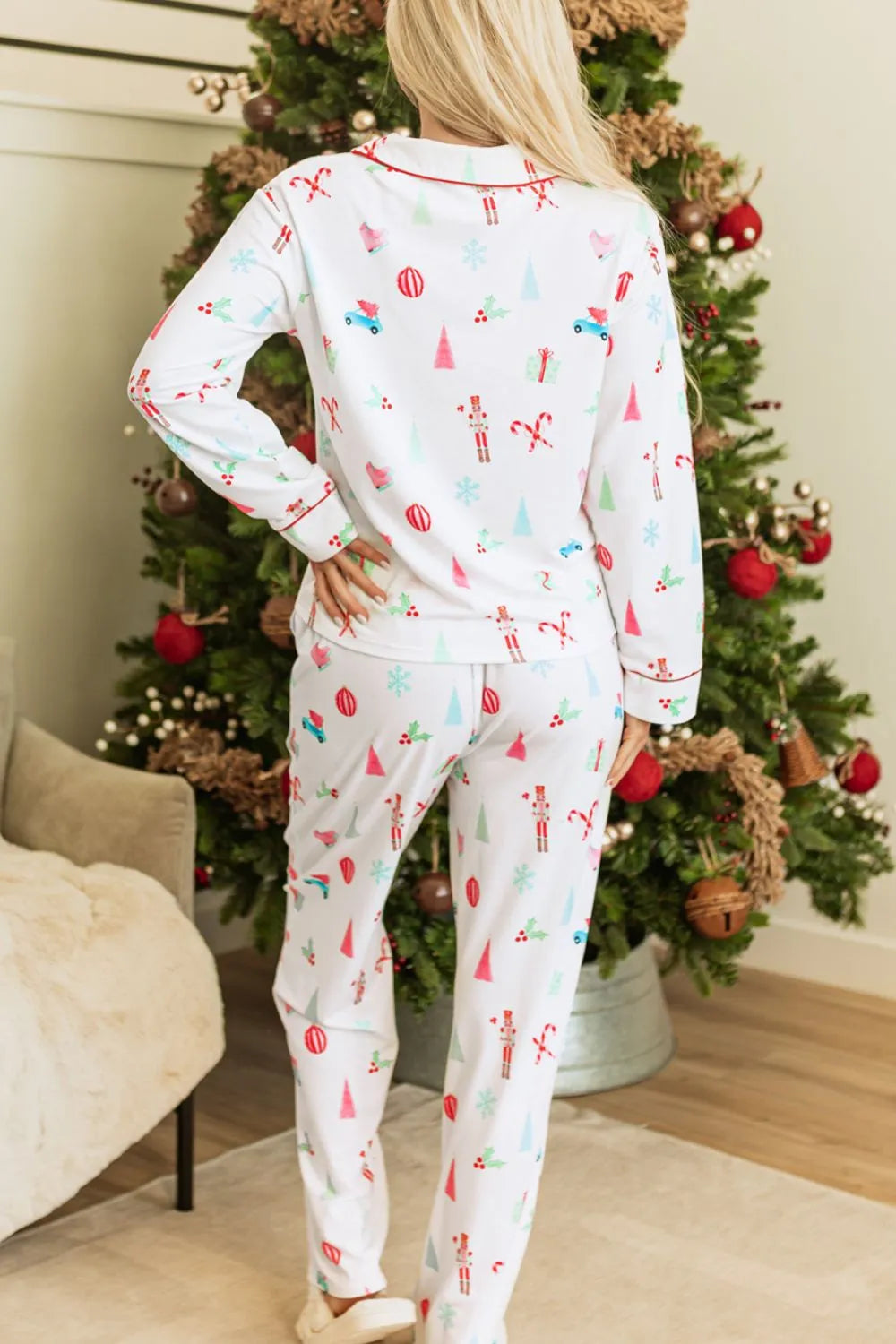 Wicked Thread Society two-piece Christmas lounge set with festive nutcracker and tree print on white polyester fabric