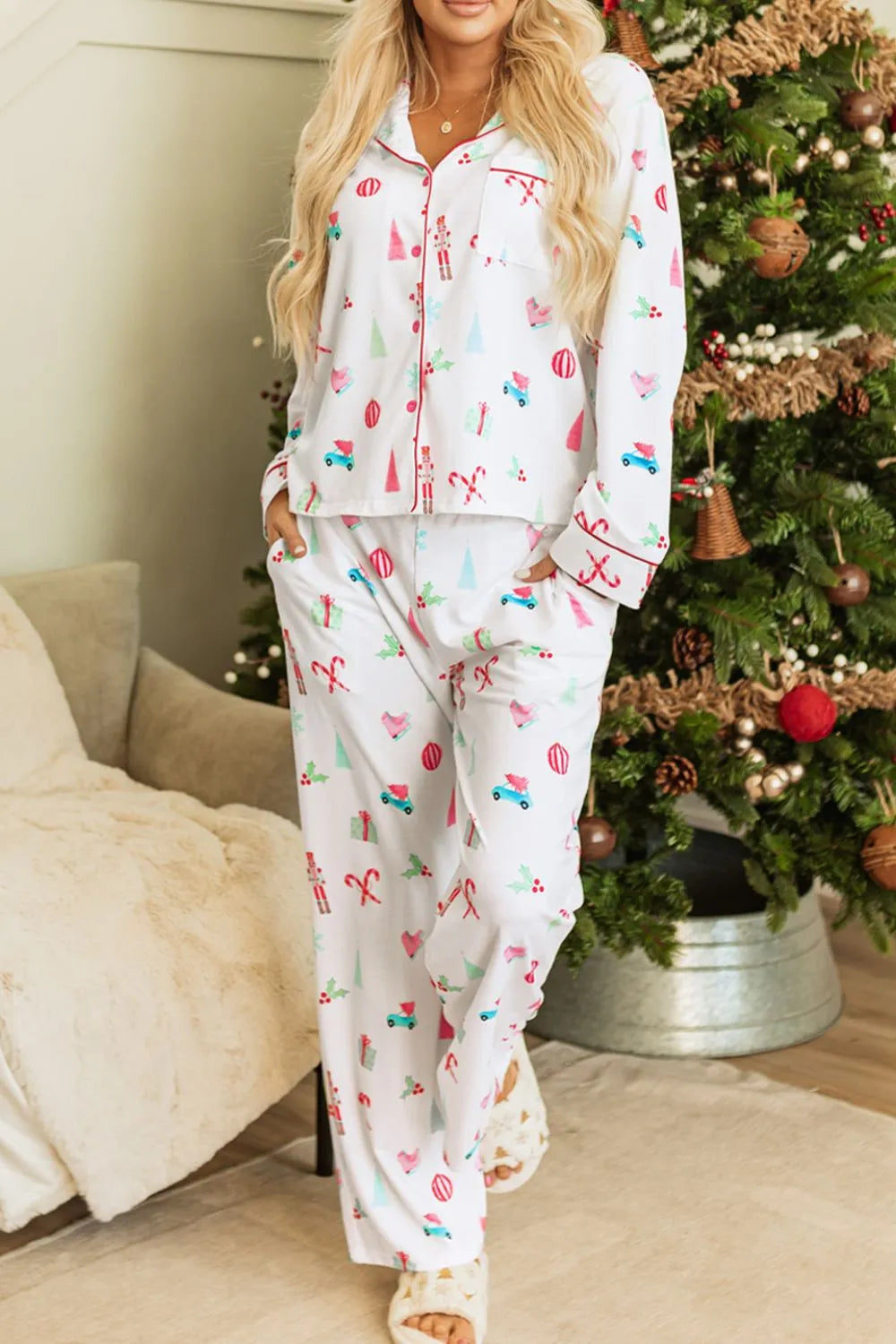 Wicked Thread Society Christmas lounge set with collared top and pants featuring festive holiday print on white fabric