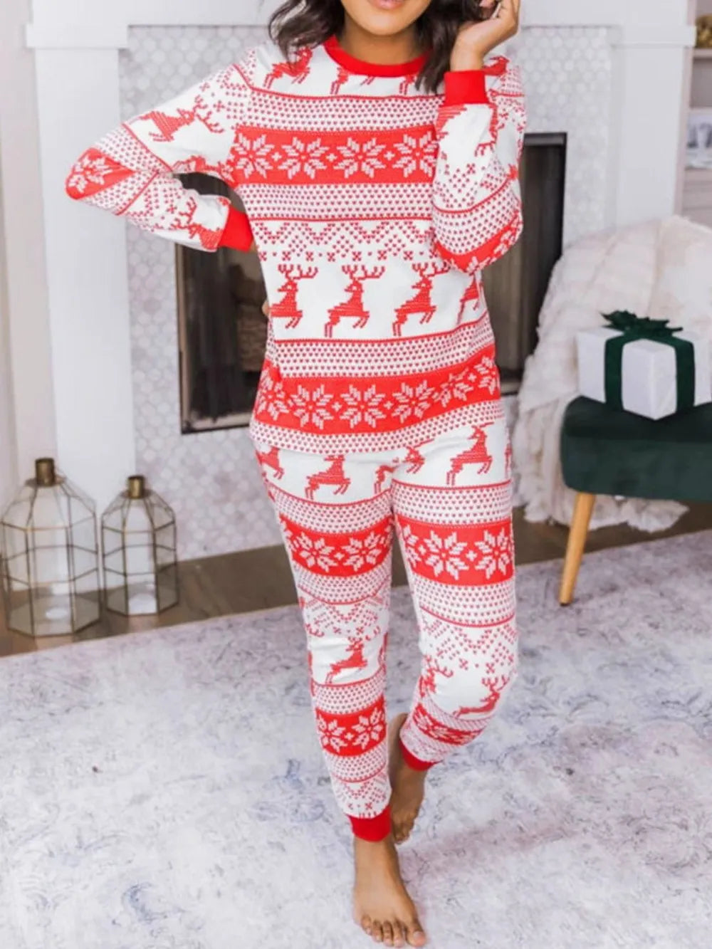 Wicked Thread Society two-piece Christmas pajama set with red and white reindeer and snowflake fair isle print