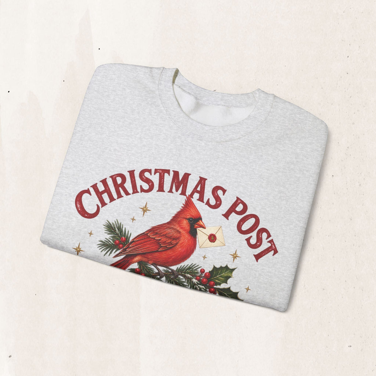 Wicked Thread Society grey crewneck sweatshirt featuring a cardinal on a pine branch with a Christmas letter graphic.