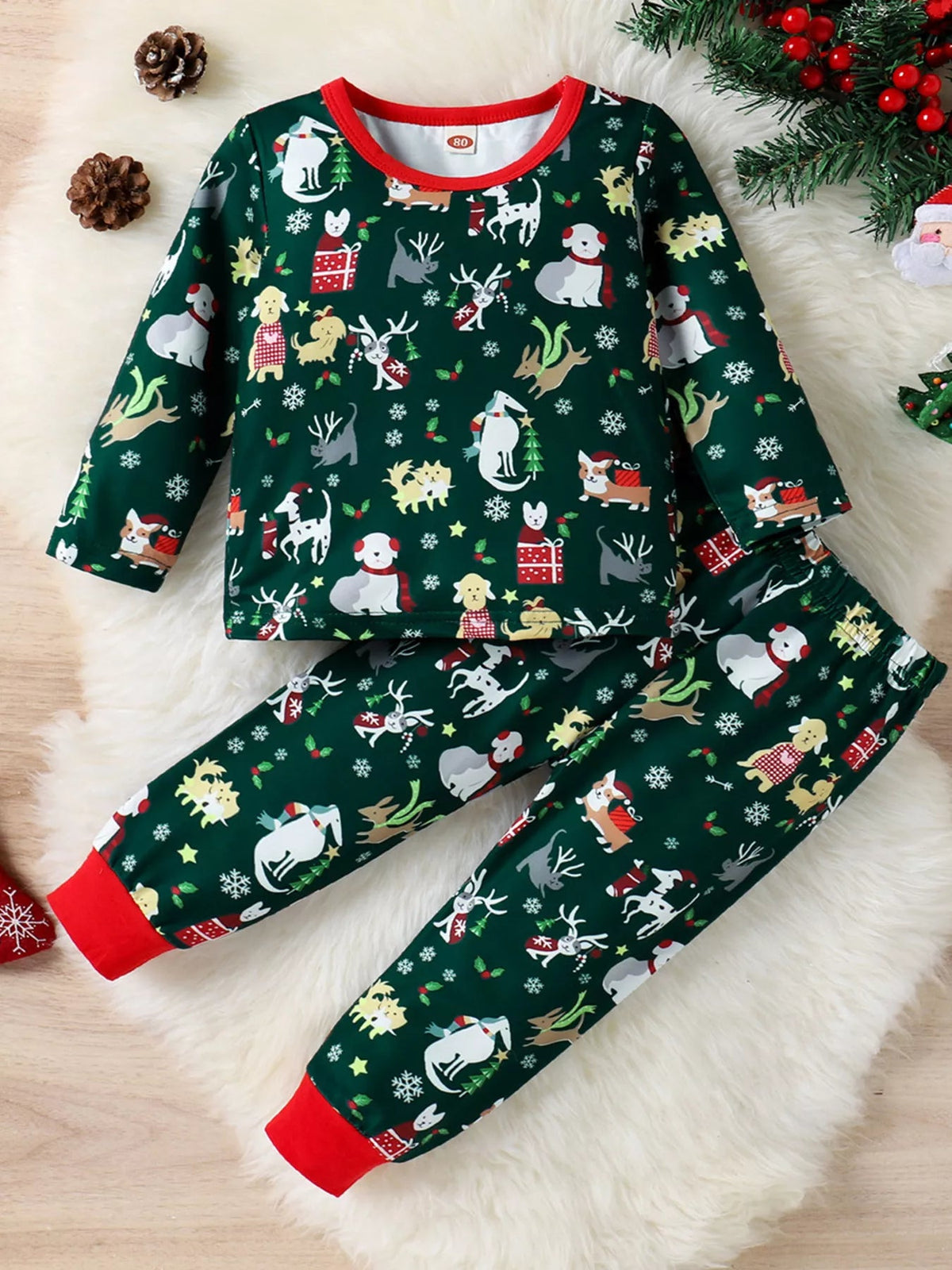 Kids Christmas Pajama Set in Green, alternate view