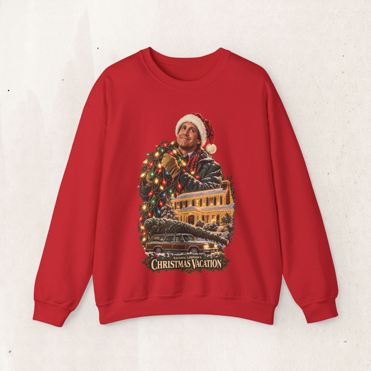 Wicked Thread Society red crewneck sweatshirt featuring a vintage National Lampoon's Christmas Vacation movie graphic.