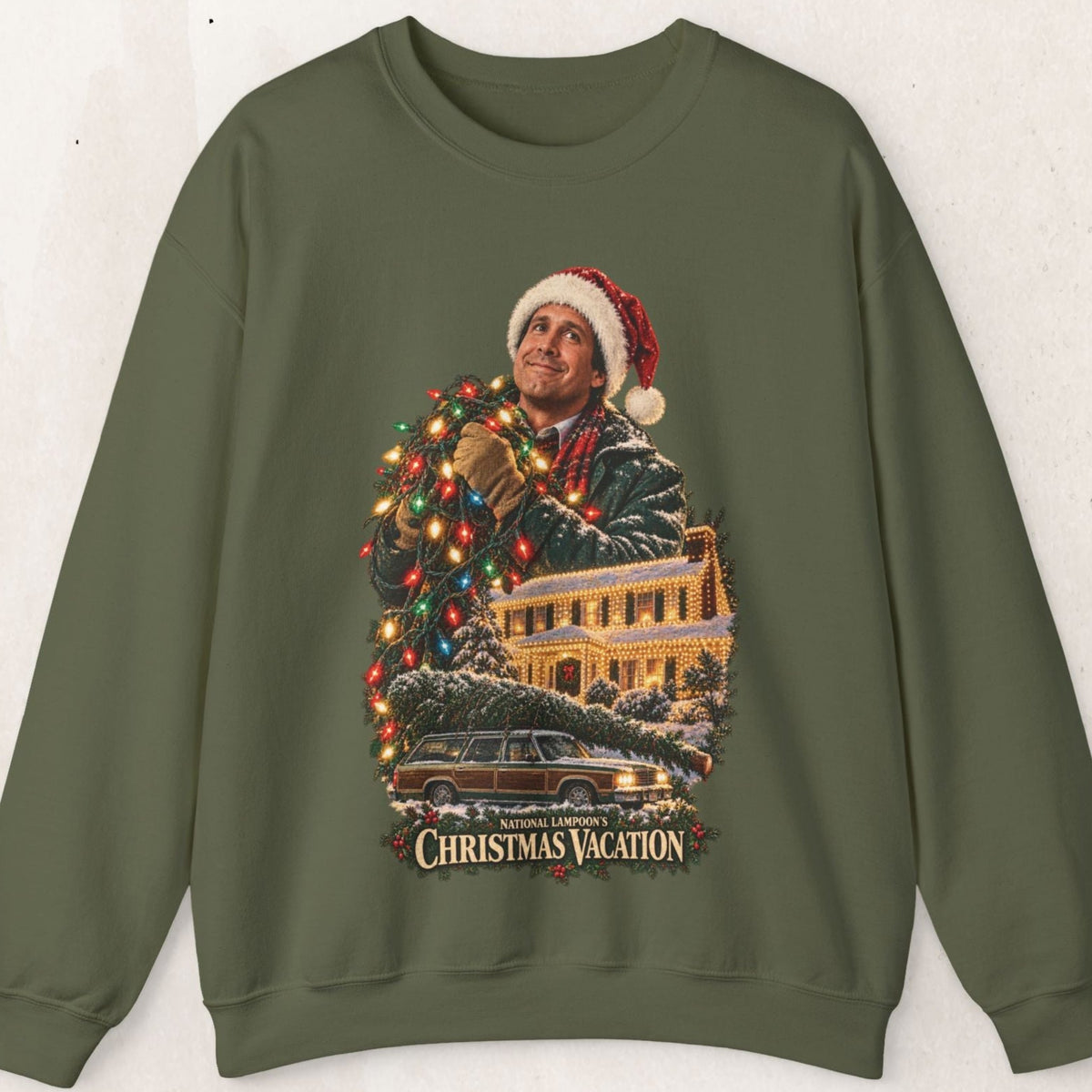 Wicked Thread Society olive green crewneck sweatshirt featuring a vintage Christmas Vacation movie graphic print.