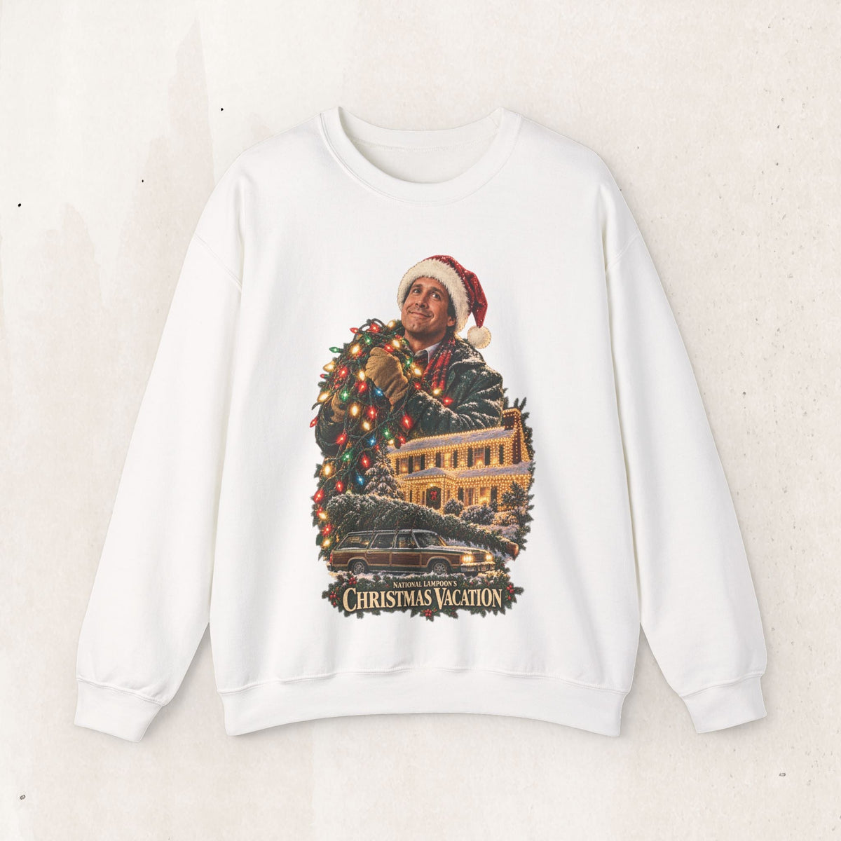 Wicked Thread Society white crewneck sweatshirt featuring a vintage National Lampoon's Christmas Vacation graphic.