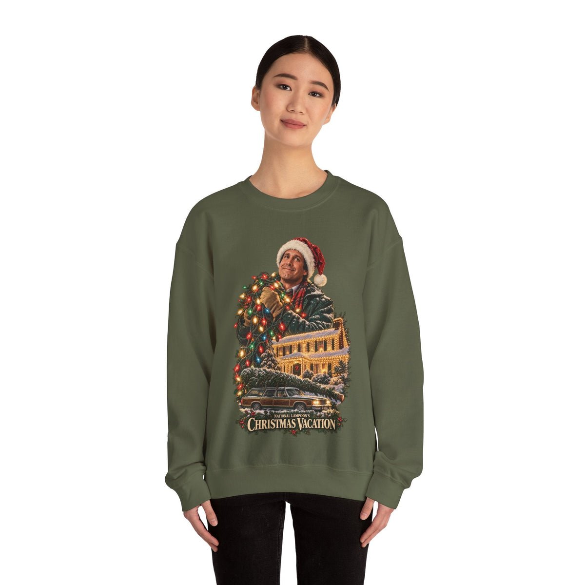 A woman wearing a Wicked Thread Society olive green crewneck sweatshirt featuring a National Lampoon's Christmas Vacation graphic.