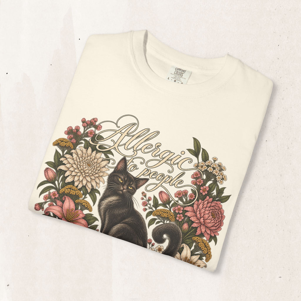 Wicked Thread Society cream graphic t-shirt featuring a black cat illustration and vintage floral wreath design.